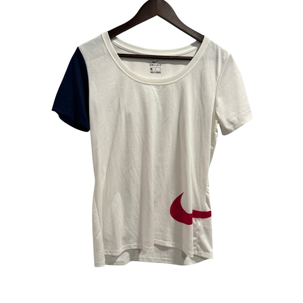 Nike Dri-FIT Womens T-Shirt White Navy Blue Red Swoosh Logo Scoop Neck Medium